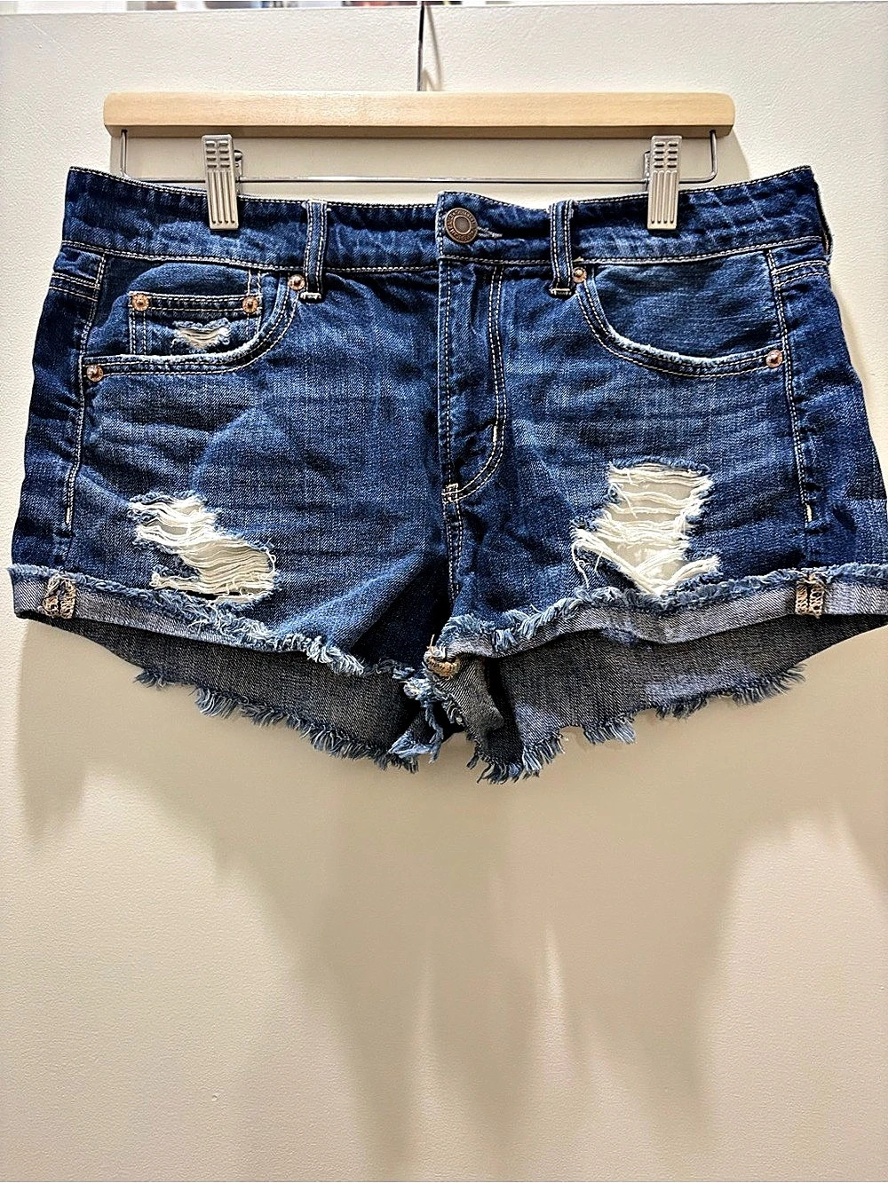 American Eagle Distressed Denim Jean Shorts in Medium Blue Wash